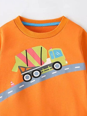 Kids' orange crew neck sweatshirt with a cement truck graphic and road detail.