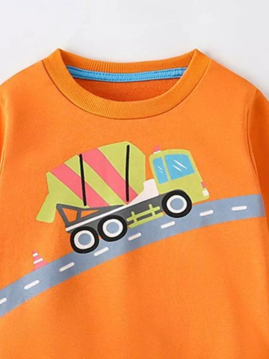 Kids' orange crew neck sweatshirt with a cement truck graphic and road detail.
