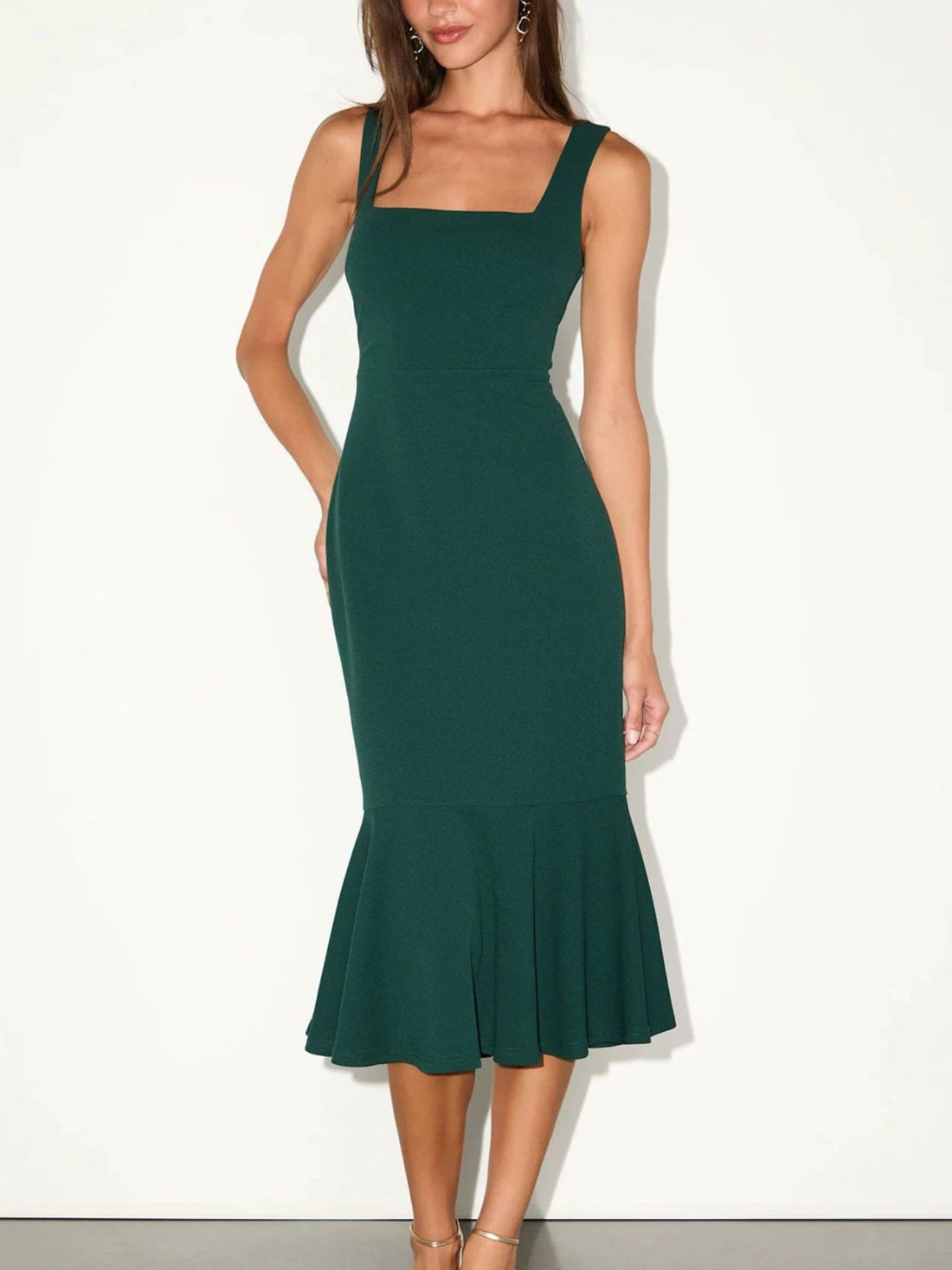 Dark Green midi dress with stretch and sleeveless
