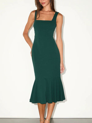 Dark Green midi dress with stretch and sleeveless