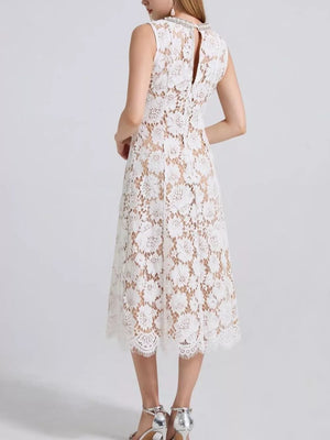White lace midi dress with floral pattern, embellished neckline, and sleeveless cut.
