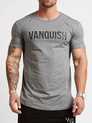 Gray crew neck t-shirt with black VANQUISH graphic print and short sleeves.