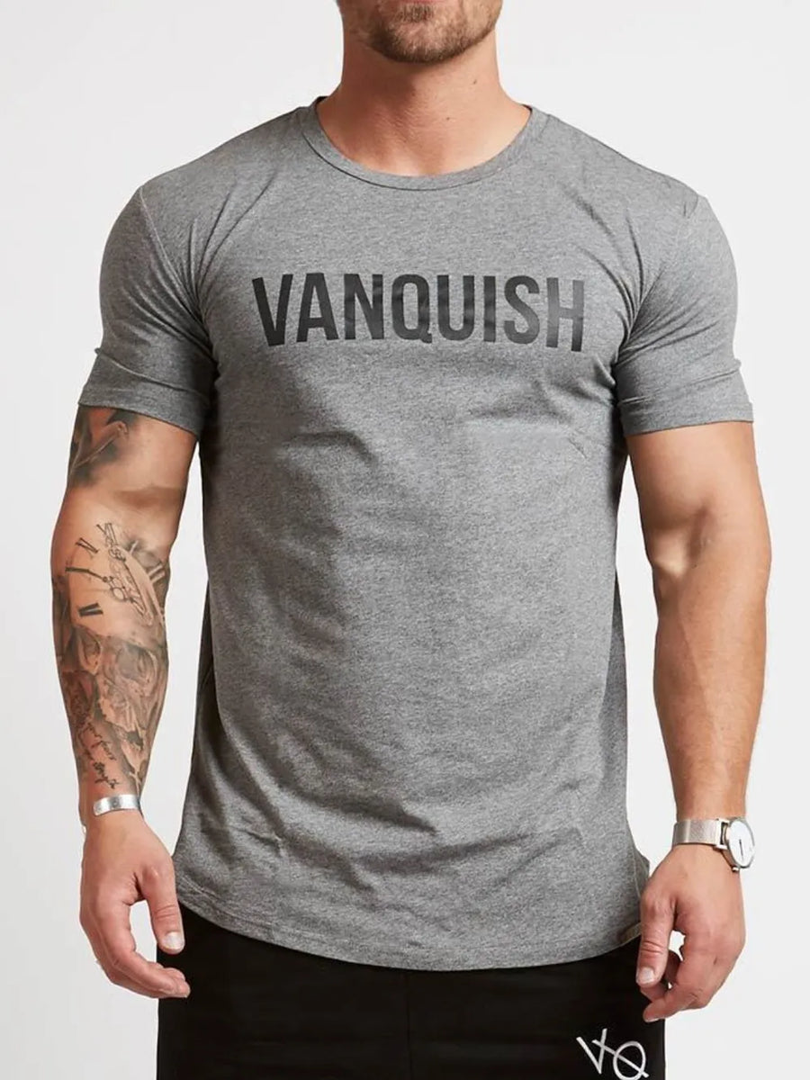 Gray crew neck t-shirt with black VANQUISH graphic print and short sleeves.
