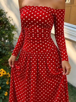 Off-the-shoulder Maxi Dress in Navy Blue Polka Dots