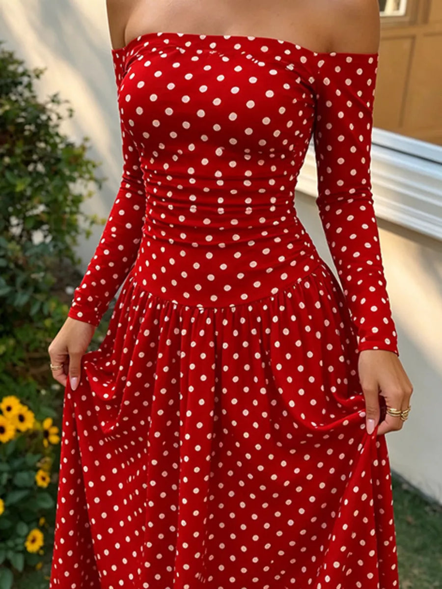 Off-the-shoulder Maxi Dress in Navy Blue Polka Dots