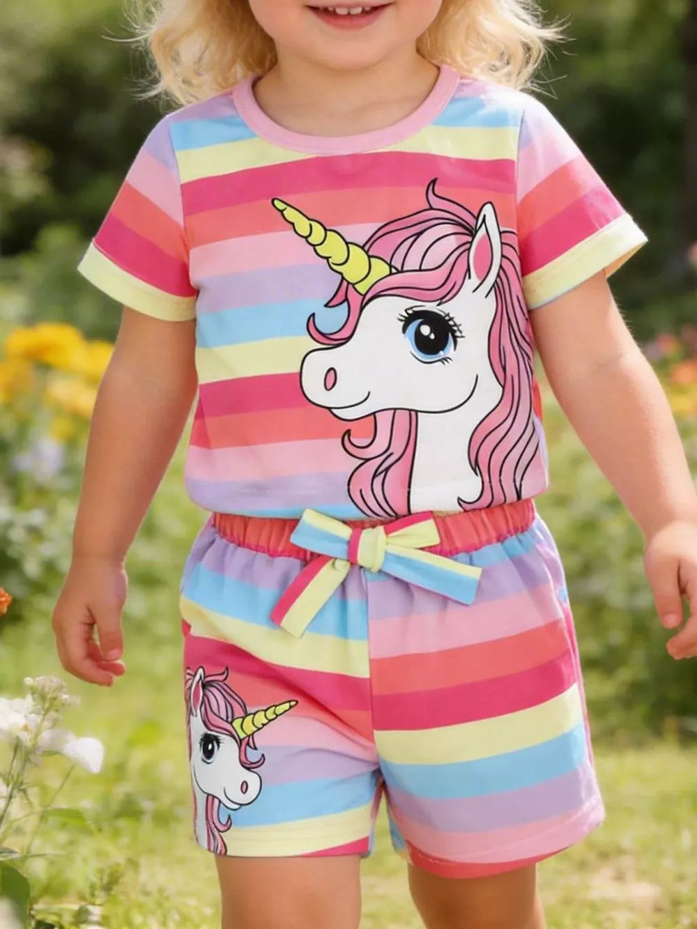 Unicorn graphic rainbow striped baby set with shorts and t-shirt.