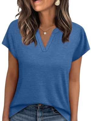 Blue heathered short-sleeve t-shirt with notched V-neck and comfortable fit.