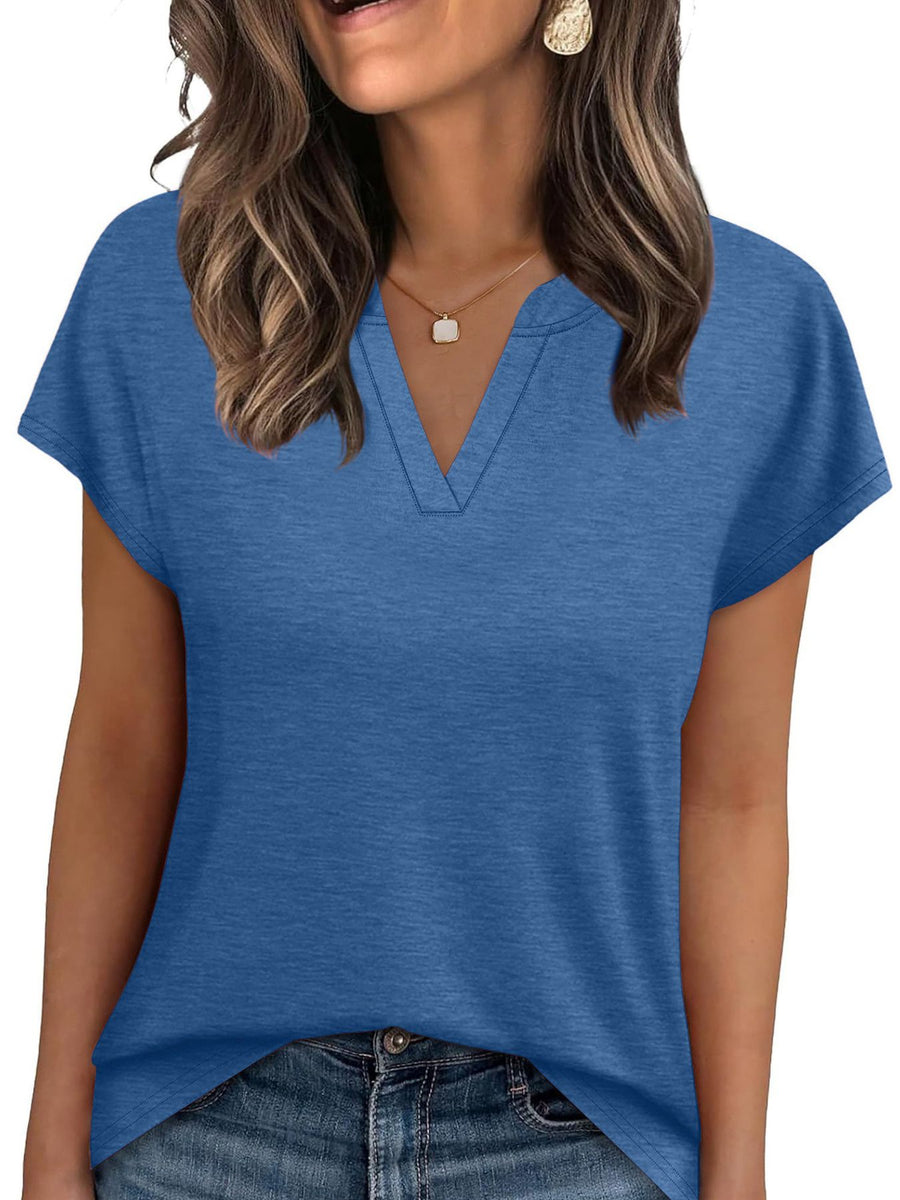 Blue heathered short-sleeve t-shirt with notched V-neck and comfortable fit.