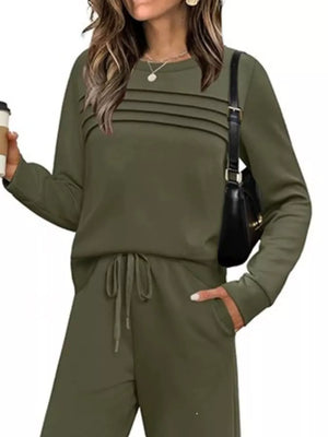 Casual Long Sleeve Crewneck Top & Drawstring Pants Set in Malachite Green