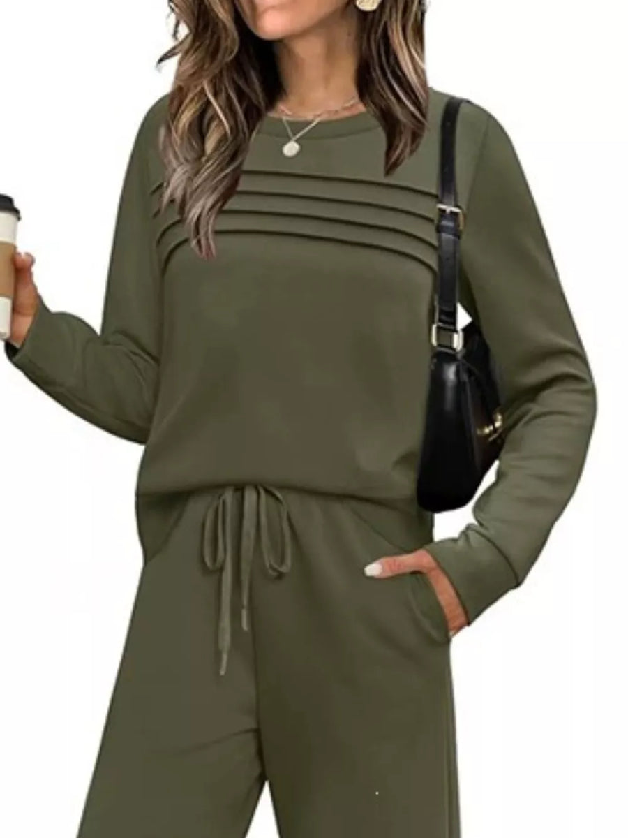 Casual Long Sleeve Crewneck Top & Drawstring Pants Set in Malachite Green