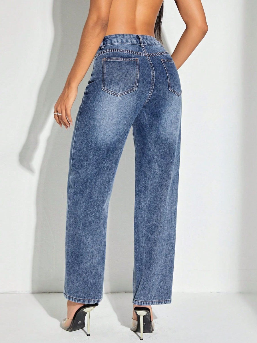 Medium wash cotton denim jeans with a straight leg cut and buttoned closure.