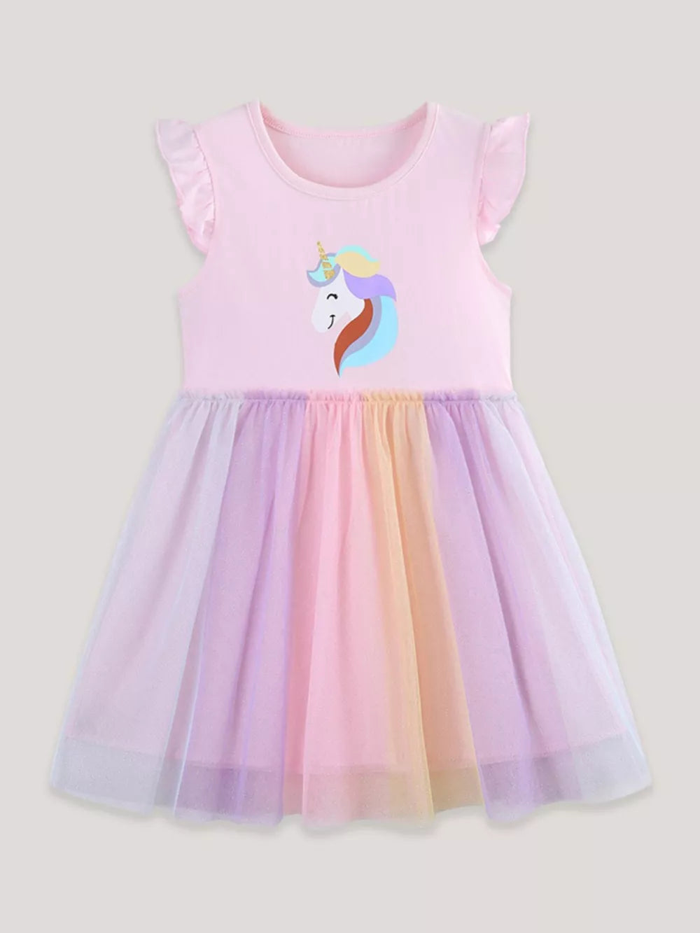 Pink baby dress with unicorn graphic and rainbow tulle skirt.