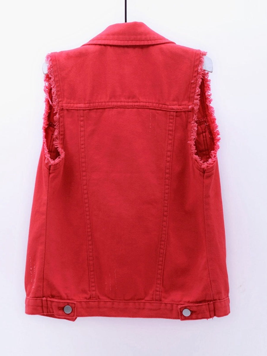 Red denim vest with frayed shoulders and collar