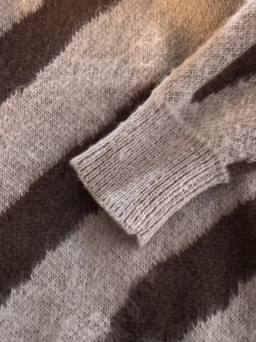 Light brown and grey striped fuzzy knit sweater with ribbed cuffs