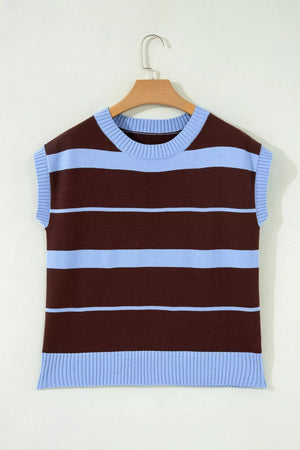 Chic striped knit sweater vest with crew neck and ribbed details in brown and light blue.