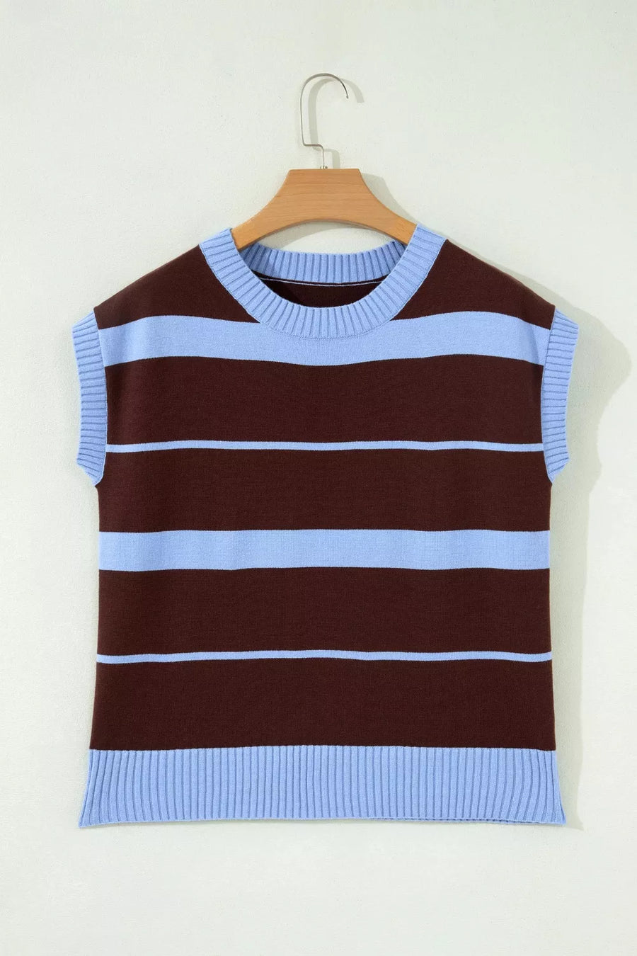Chic striped knit sweater vest with crew neck and ribbed details in brown and light blue.