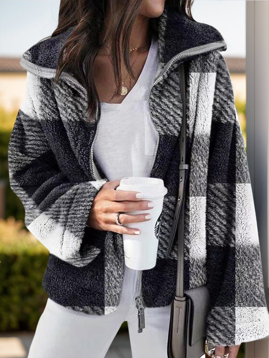 Fluffy plaid zip-up shacket with a stand collar in black and white.