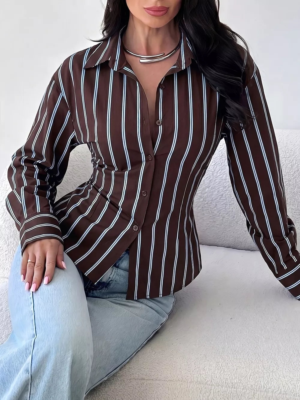 dark brown button-down shirt with striped and collared
