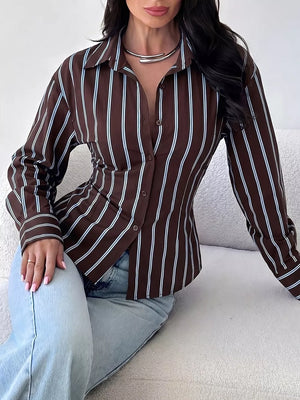 dark brown button-down shirt with striped and collared