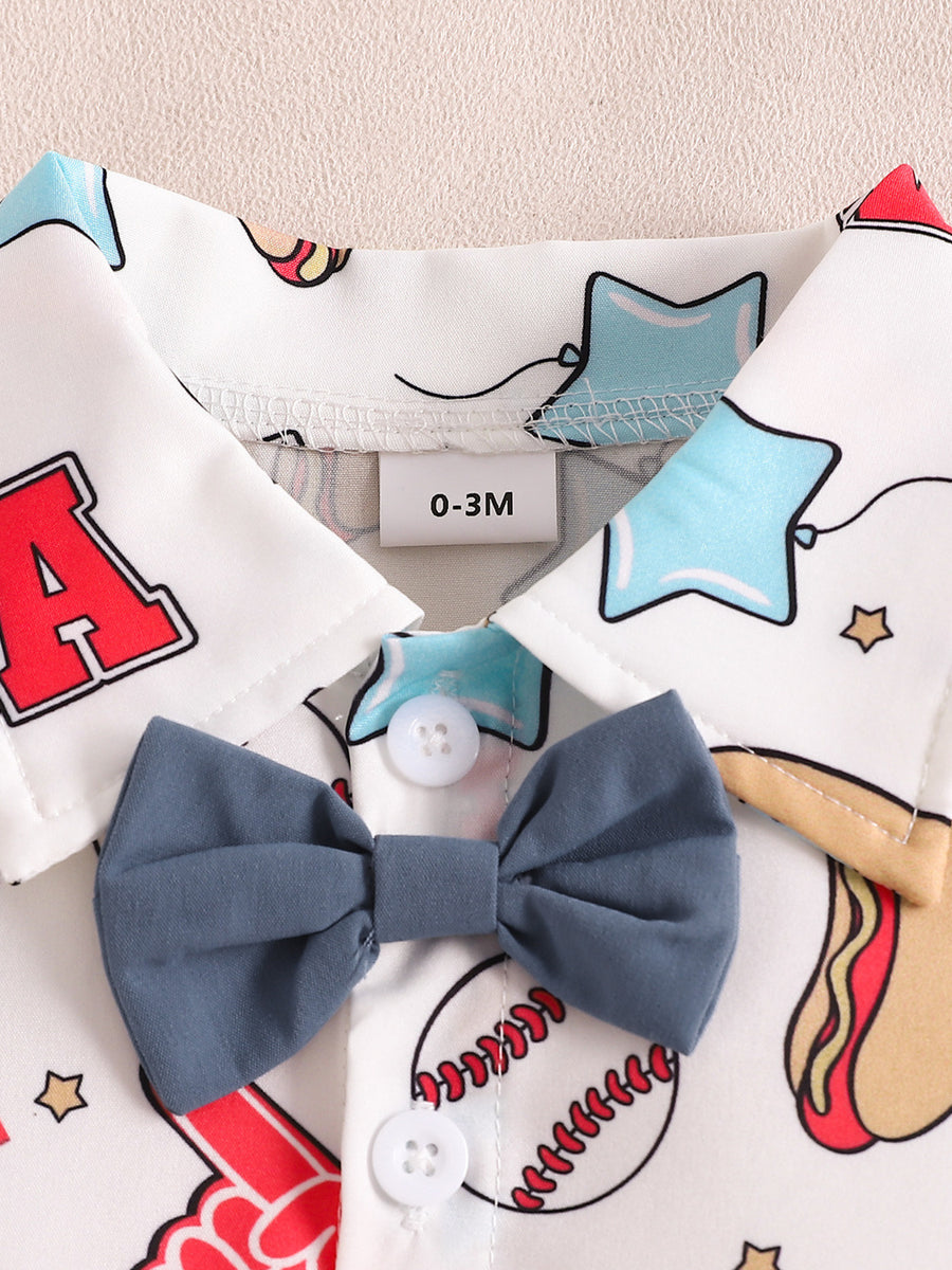 Baby bodysuit with USA print, stars, baseballs, hot dogs, and a grey bow tie.