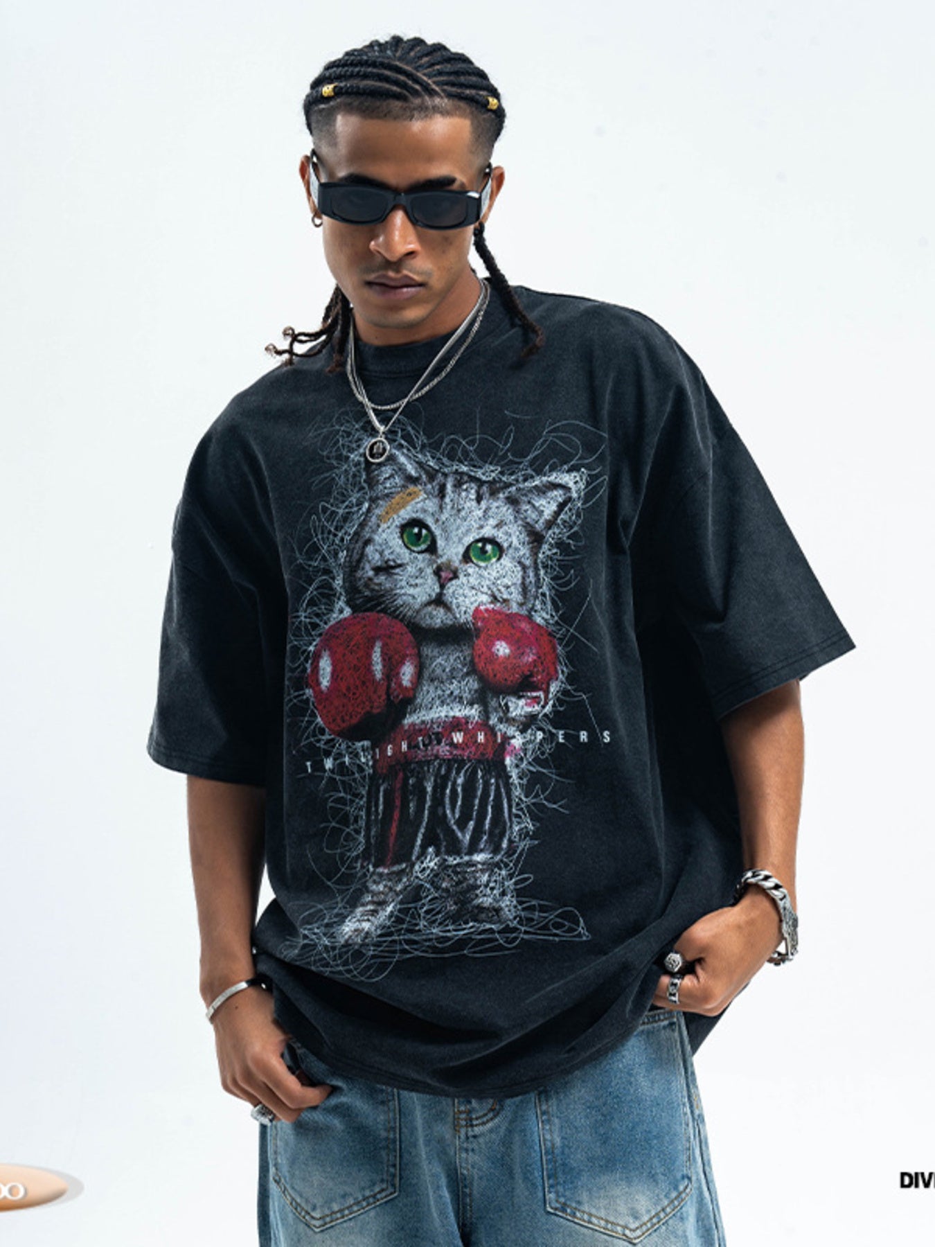Black oversized cotton blend tee with vintage cat boxer graphic print
