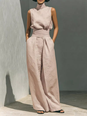 Sleeveless Wide-leg Jumpsuit With Smocked Waist in Black