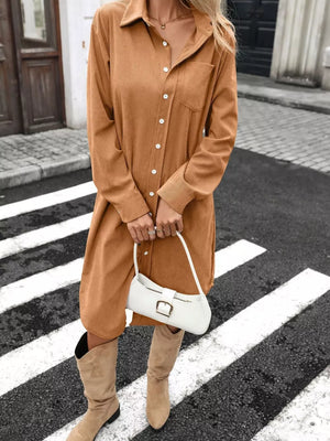 Cream shirt dress featuring buttoned and ribbed