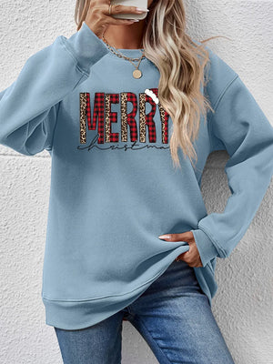 Misty Blue graphic sweatshirt with "Merry Christmas" text in buffalo plaid and leopard print.