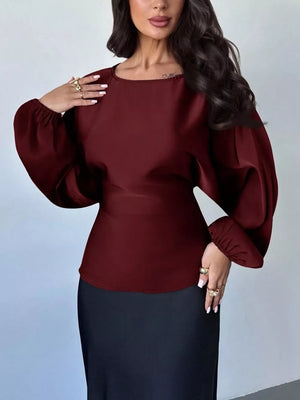 blouse in Dark Red with elastic cuffs and hip-length