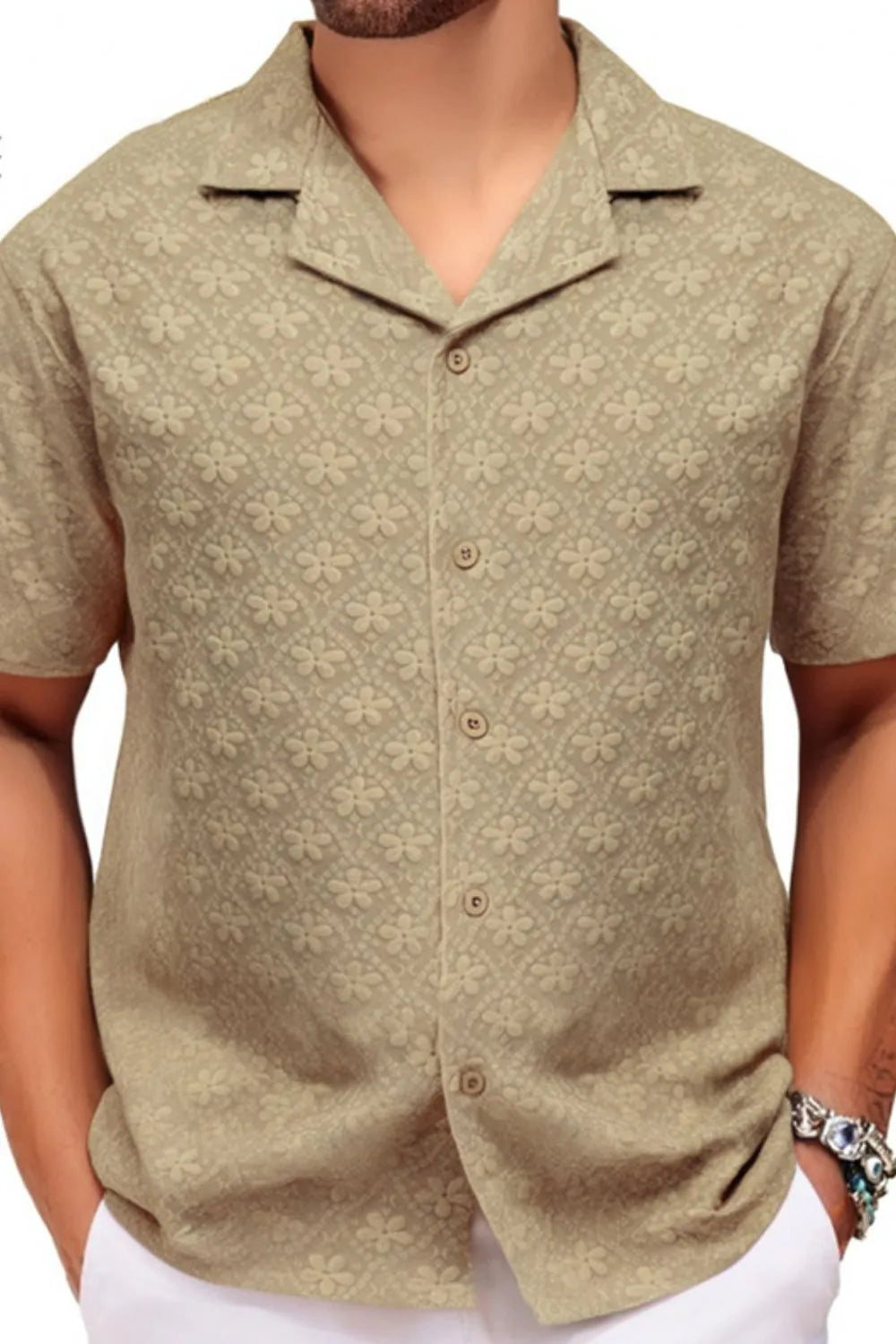 Khaki embossed floral camp collar short sleeve shirt with button front