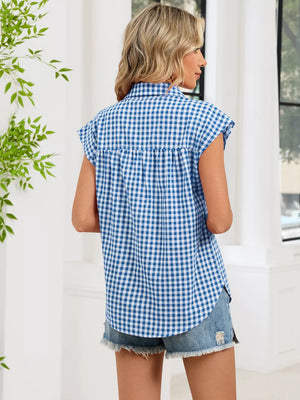 Plaid Button Up Cap Sleeve Shirt, view 11