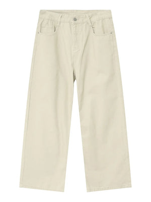 Beige wide-leg denim jeans with a relaxed fit and classic five-pocket styling.