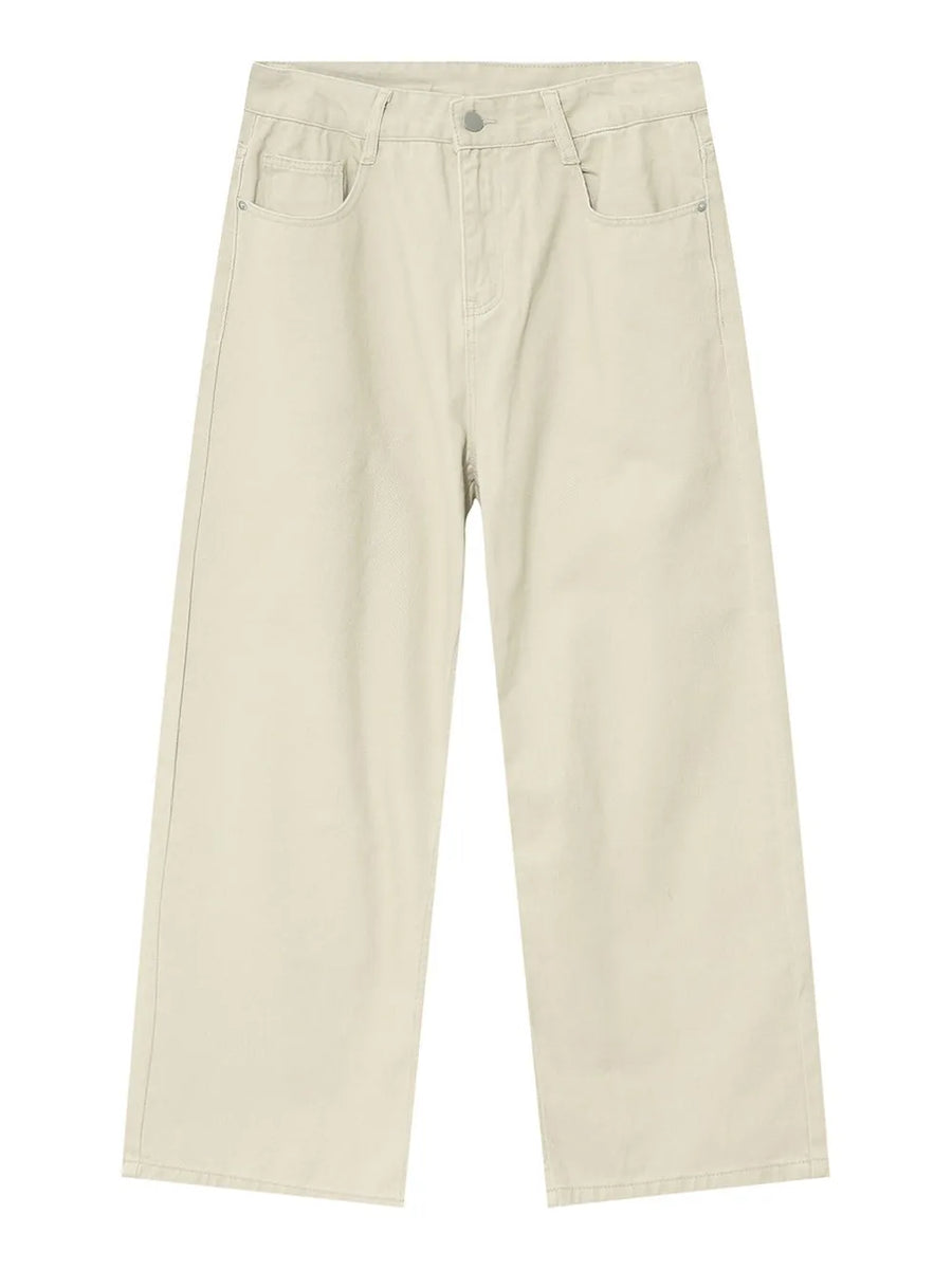 Beige wide-leg denim jeans with a relaxed fit and classic five-pocket styling.