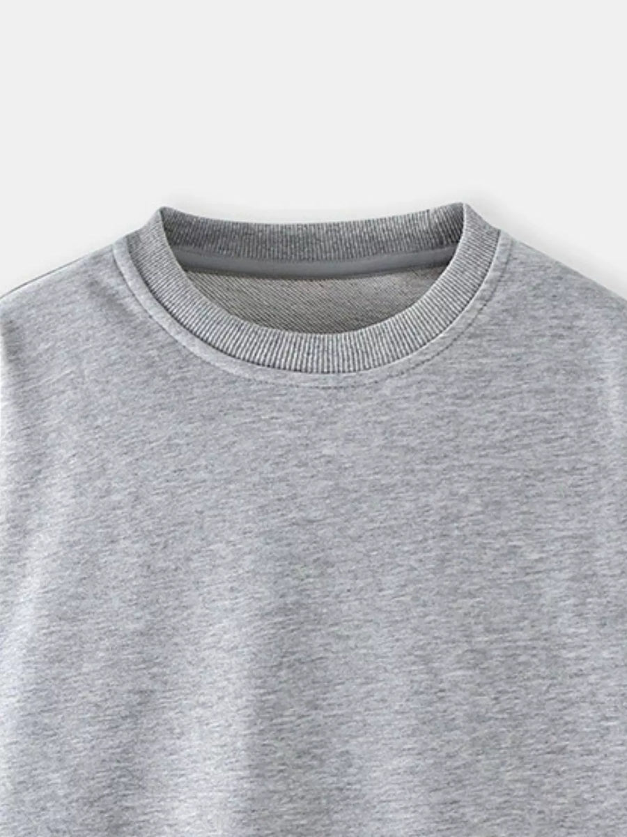 Gray crew-neck sweatshirt for kids with ribbed neckline and cuffs.