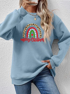 Air Force Blue sweatshirt with rainbow Christmas graphic and leopard print detail.