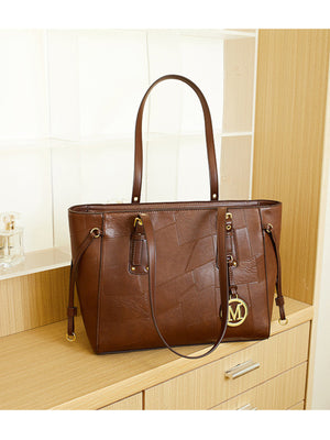 Patchwork Leather Tote Bag With Gold Charm in brown