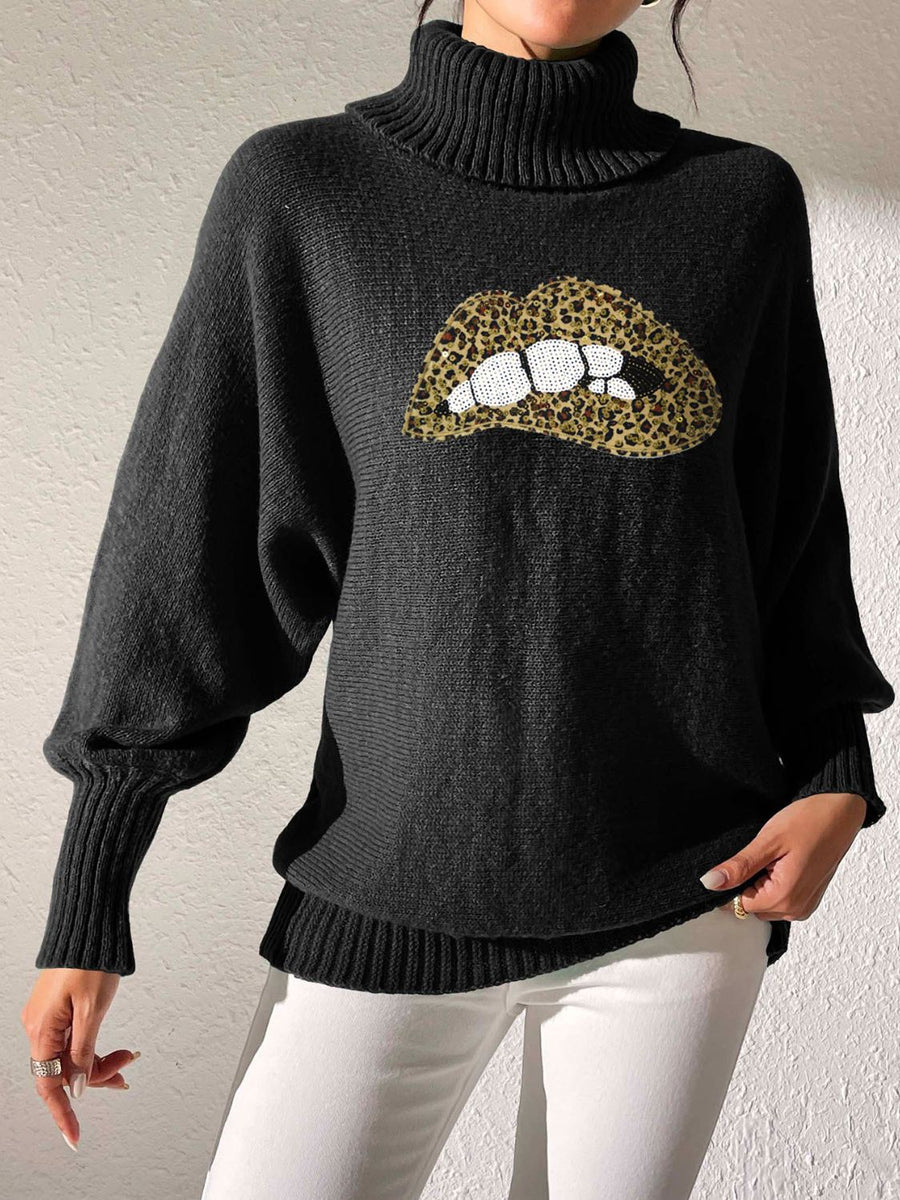 Black turtleneck sweater with sequin lip detail and balloon sleeves