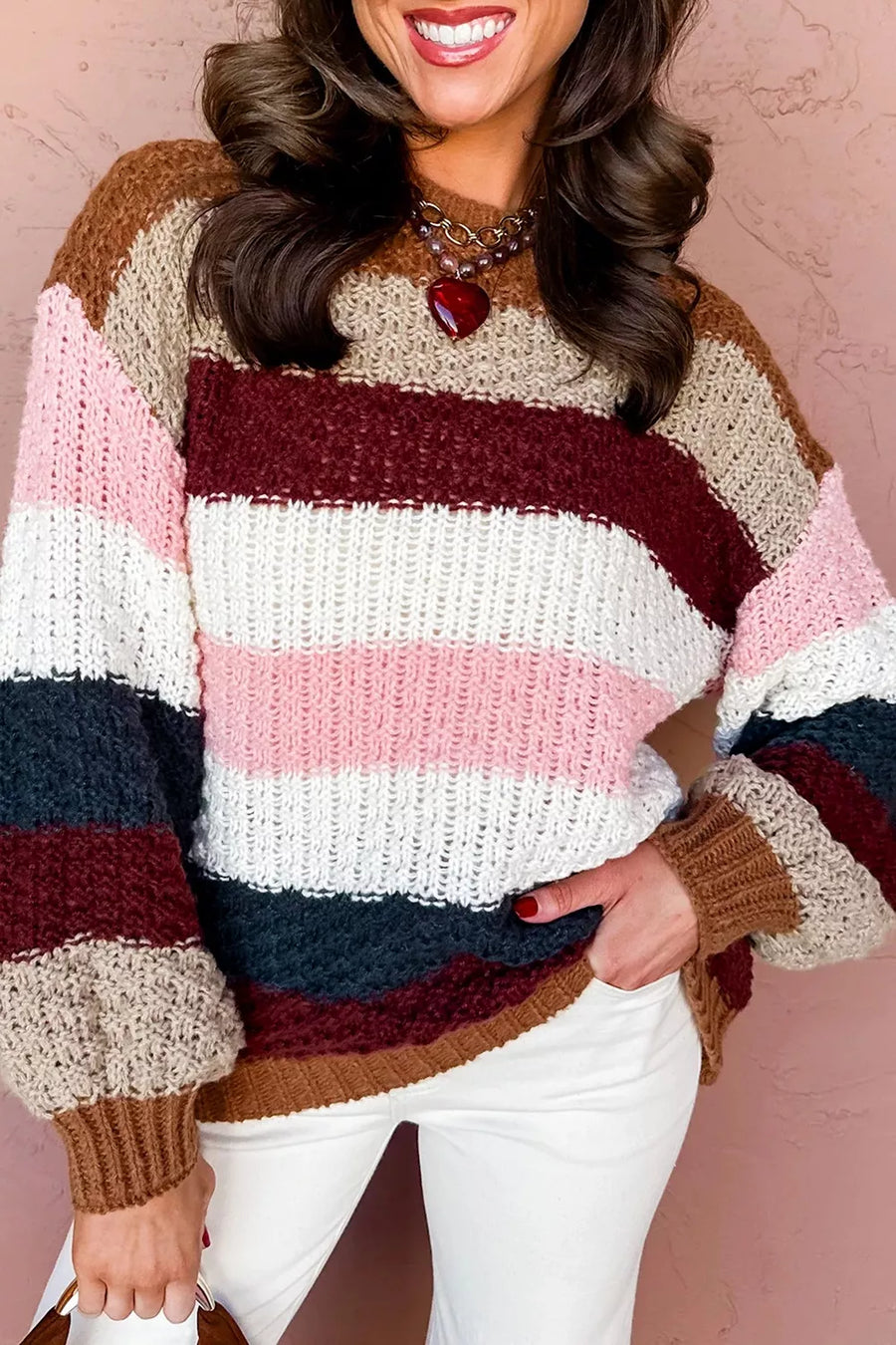 white pullover sweater featuring dropped shoulder and striped