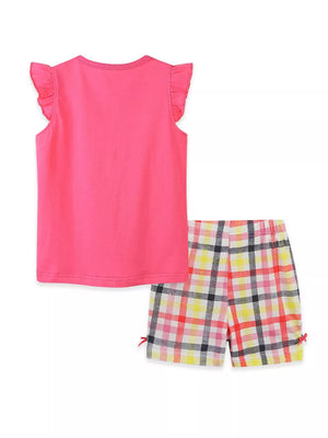 Pink ruffle sleeve tee and plaid shorts set for baby girls