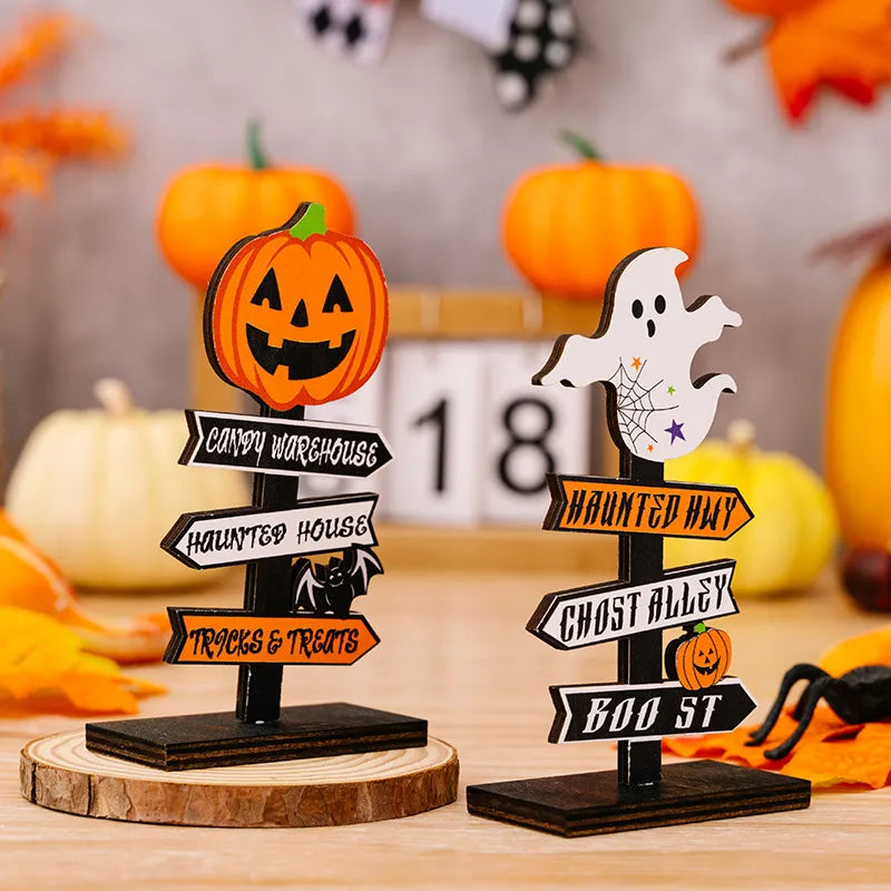 Spooky signpost decor with pumpkin and ghost, featuring Halloween destinations like Candy Warehouse and Haunted House.
