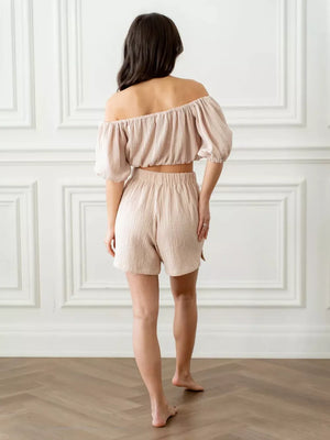 Off-shoulder cropped top and shorts set in Khaki cotton, with elastic waist shorts and puff sleeves.