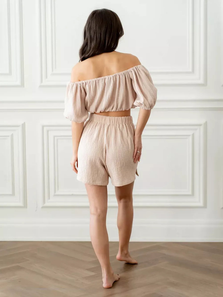 Off-shoulder cropped top and shorts set in Khaki cotton, with elastic waist shorts and puff sleeves.