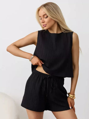 Black textured cotton tank and shorts set with drawstring waist