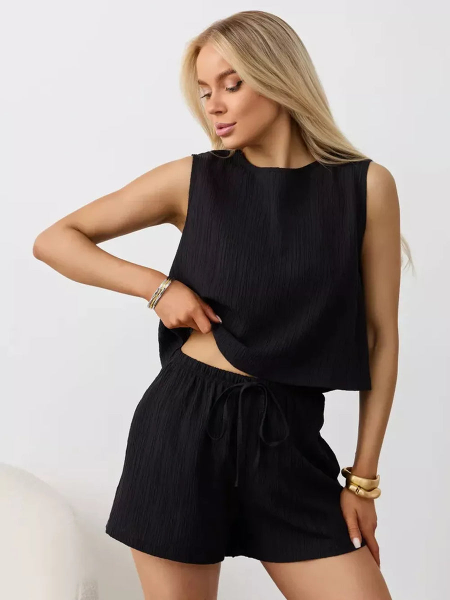 Black textured cotton tank and shorts set with drawstring waist