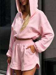 Long Sleeve Zip-up Hoodie And Shorts Set in Pink