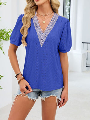 Blue eyelet v-neck t-shirt with white lace trim and puff sleeves