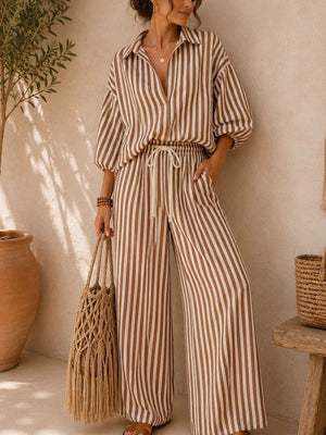 cream two-piece set with pocketed and elbow sleeve