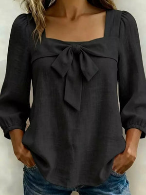 Black Full Size Bow Front Square Neck Blouse Plus Size