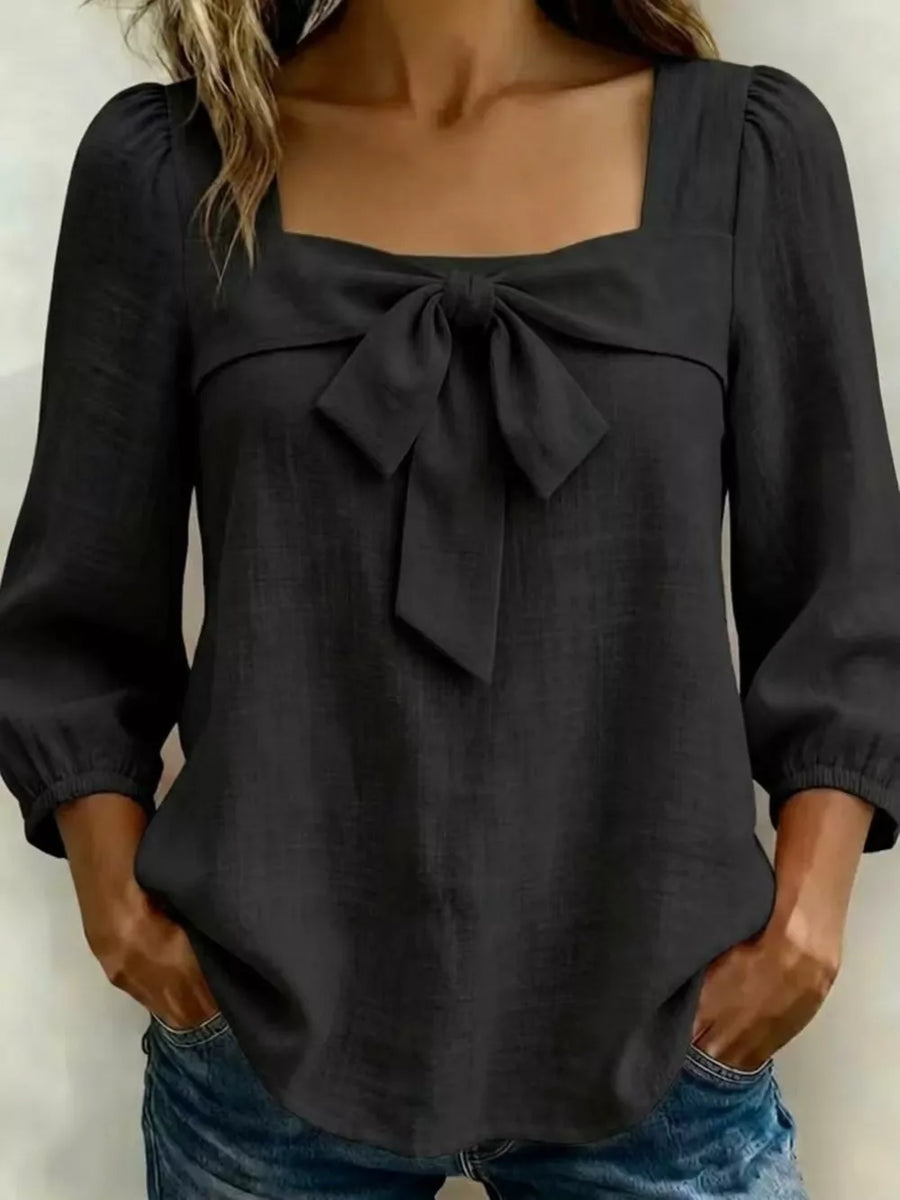 Black Full Size Bow Front Square Neck Blouse Plus Size