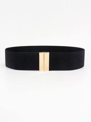 Black elastic belt with wide gold clasp detail
